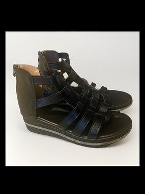 Black Strappy Gladiator Platform Sandals Rhinestone Trim Size 8 Y2K Festival